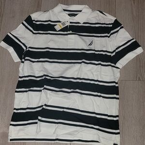 Nautica Navy and White Striped Polo Shirt